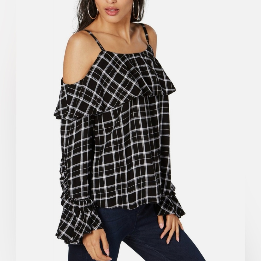 New INC International Concepts Large Black and White Plaid Cold Shoulder Blouse